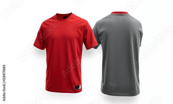Fototapeta Red and gray sports jersey mockup showcasing front and back views, ideal for athletic wear design. Perfect for team uniforms or promotional events