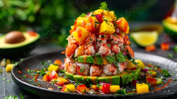 Fototapeta  Lobster and Avocado Tower with Mango Salsa