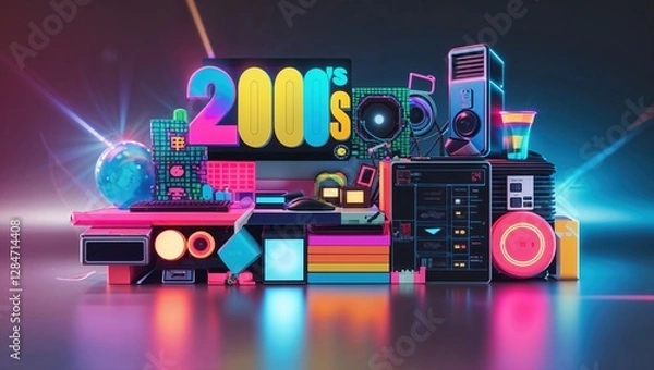 Fototapeta An engaging assemblage showcases iconic items from the 2000s, including technology and colorful graphics, creating a lively tribute to the era’s culture