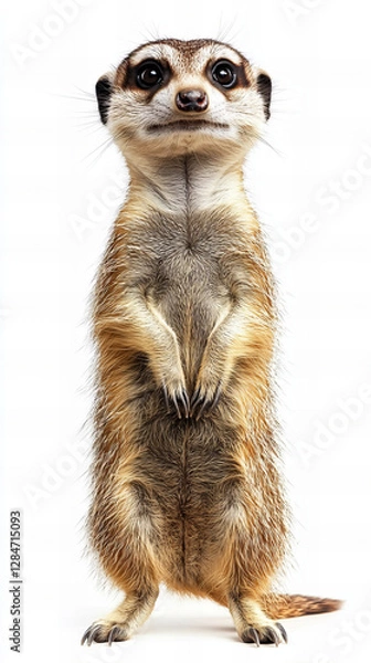Fototapeta A cute meerkat isolated on a white background, showcasing its curious expression and small size. Ideal for animal, wildlife, and nature-themed content.