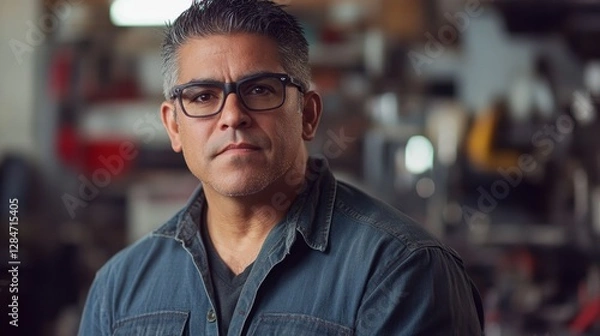 Fototapeta This portrait features a middle-aged Hispanic man in a casual, confident pose against an industrial background, showcasing a blend of personality and emotion.