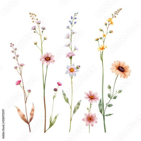 Fototapeta A collection of various colorful flowers with distinct shapes and sizes, showcasing natural beauty and diversity.