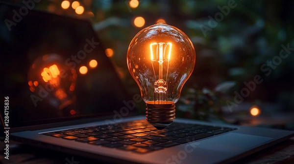 Fototapeta A floating light bulb above a laptop symbolizes creativity, technology innovation, and startup ideas, representing the spark of new business concepts and entrepreneurial spirit