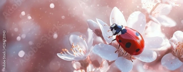 Fototapeta Ladybug resting on blossom in dreamy spring scene