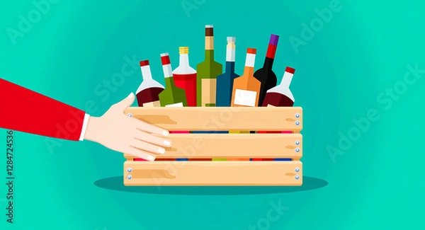 Fototapeta hand placing a crate of assorted beverage bottles