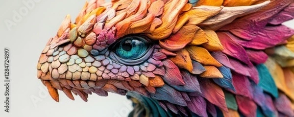 Fototapeta Colorful textured fantasy dragon close-up with intricate scales and bright blue eye
