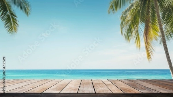 Fototapeta Wooden table top on blur beach background, display or montage products