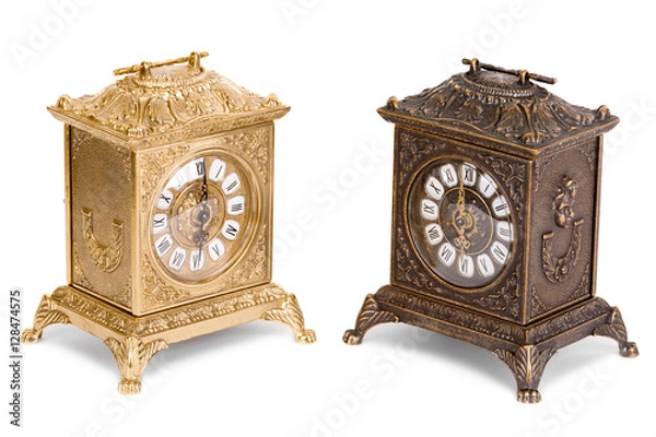 Obraz Vintage golden and bronze clocks on a white background