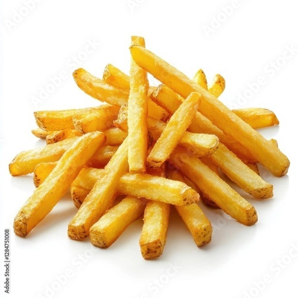 Fototapeta Golden Crispy French Fries Arrangement with Dynamic Lighting and Soft Shadows on Clean White Background for Restaurant Menu Marketing