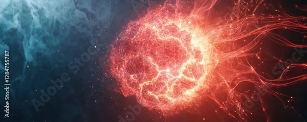 Fototapeta Dynamic energy sphere with blue and red light patterns in space