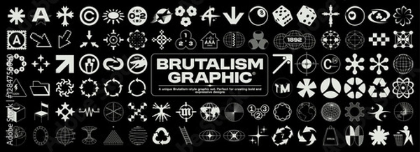 Fototapeta Brutalism icon graphic. Geometric wireframe symbols, retro elements, planets, 3D Y2K vintage design, blanks for a poster, banner, business card. Vector set