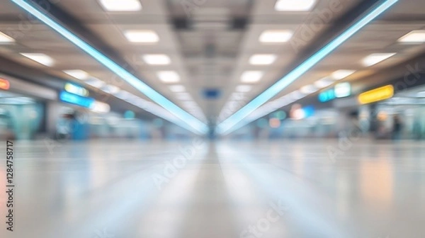Fototapeta Abstract Blurred View of Modern Airport Terminal Interior with Bright Lighting and Moving Passengers