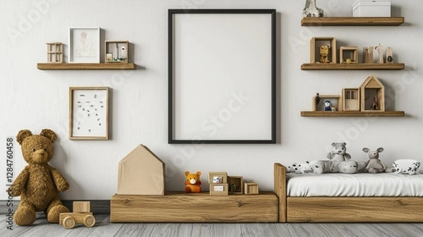 Fototapeta White room with a teddy bear on the floor. , Copy Space and Blank Frame