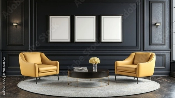 Obraz Black and white room with a yellow chair and a coffee table