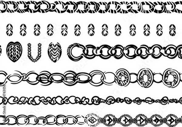 Fototapeta Chain brushes seamless pattern. Chains thread, jewelry black silhouette. Technical structure, machine or cable elements decent vector set