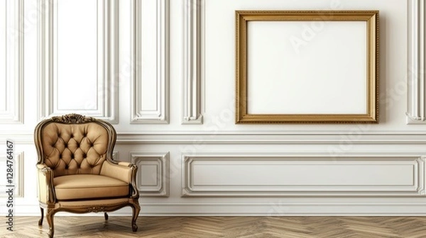 Fototapeta Large framed picture hangs on a wall in a room with a brown chair. , Copy Space and Blank Frame