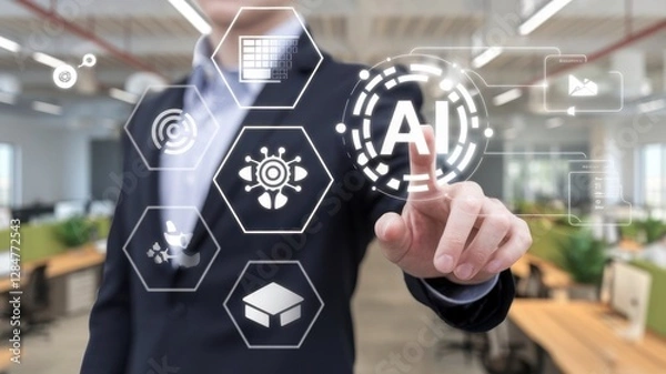 Fototapeta Businessman touching the brain working of Artificial Intelligence (AI) Automation, Predictive analytics, Customer service AI-powered chatbot, analyze customer data, business and technology