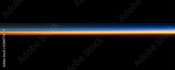 Fototapeta Dark, minimalist background with vivid yellow, orange, and blue light trails stretching horizontally. Inspired by long-exposure photography, this high-resolution digital artwork evokes speed.