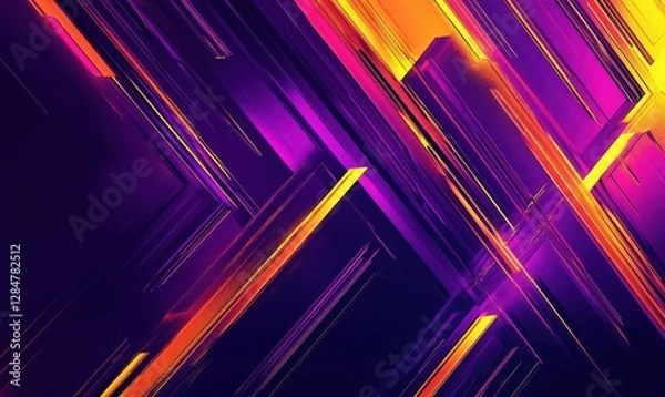 Fototapeta Abstract overlapping arrows in vibrant purple and yellow tones, glowing edges emphasizing a dynamic motion theme