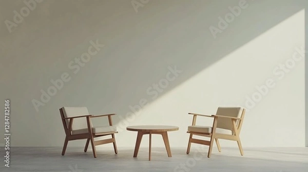 Fototapeta Minimalist Interior Design with Wooden Chairs and Table in a Bright Room