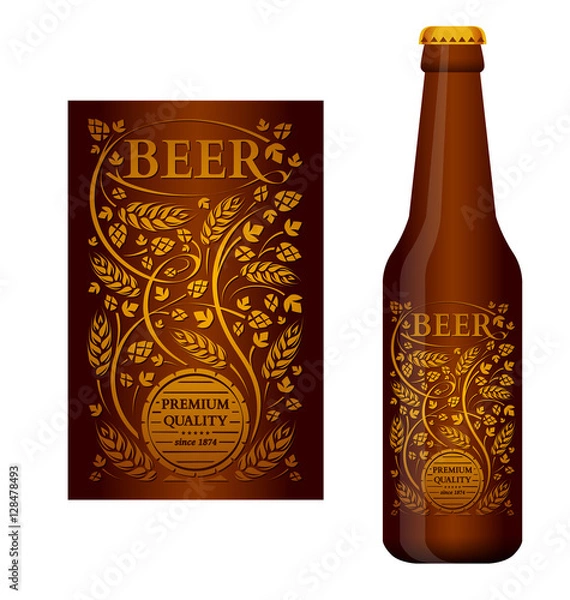 Obraz Vector beer label with floral ornament of hops and malt