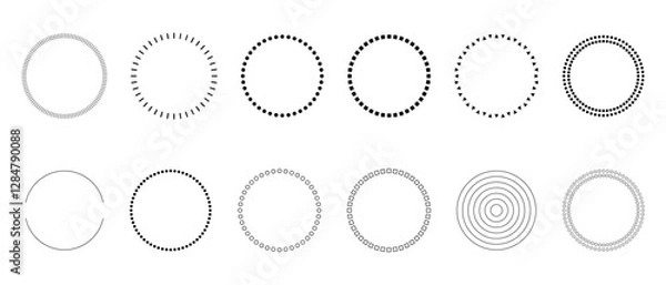 Obraz Set of circle frames of same diameter with different contours in form of dots, circles, squares, sticks, stripes, triangles. Vector illustration of templates for text, graphics, icons, highlighting.