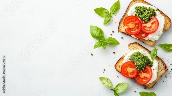 Fototapeta   Two slices of bread with tomato, cheese, and pesto are on a white plate with fresh basil