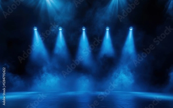 Fototapeta Dark background, spotlights shining down from the top of an empty stage, smoke in front of it, light blue color