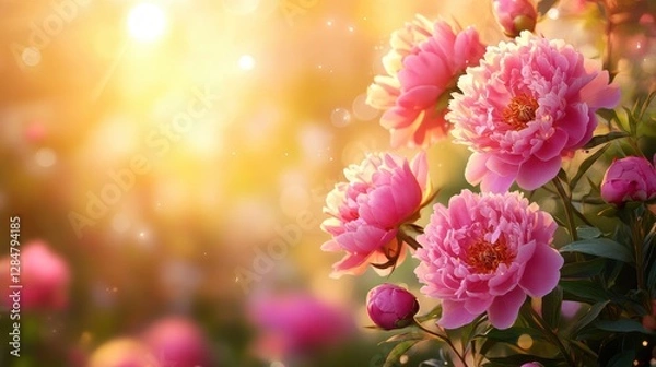 Fototapeta Elegant Pink peony roses with Floating Petals in Soft Sunlight. Space for text.