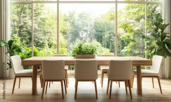 Fototapeta Bright dining room with a wooden table, sleek beige chairs, and large windows offering a panoramic garden view.