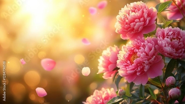 Fototapeta Elegant Pink peony roses with Floating Petals in Soft Sunlight. Space for text.