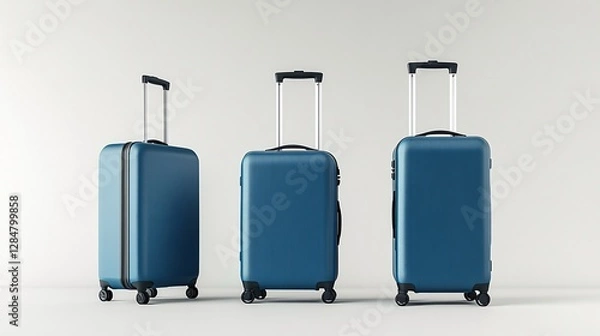 Fototapeta Three teal blue polycarbonate suitcases with retractable handles and wheels, arranged in a row against a light gray background, ready for travel and adventure.