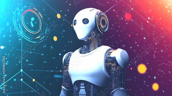 Fototapeta Innovation in Robotics: A futuristic robotic figure stands prominently against a vibrant digital backdrop, hinting at technological advancements, automation.