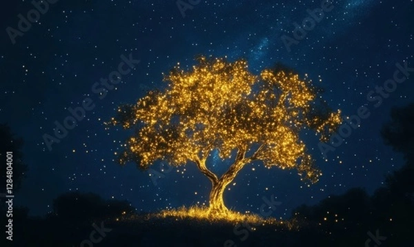 Fototapeta Golden tree silhouette glowing against a deep blue starry sky, softly illuminated to create a dreamy and magical visual effect