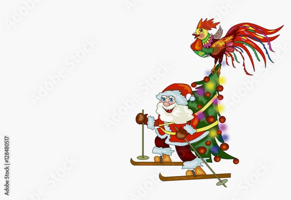 Obraz Santa Claus with Christmas tree and rooster isolated on white background