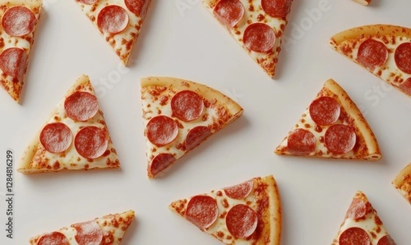 Fototapeta Minimalist pepperoni pizza slices with vibrant toppings scattered on a clean white surface, sharp contrast and warm tones enhancing their appetizing look