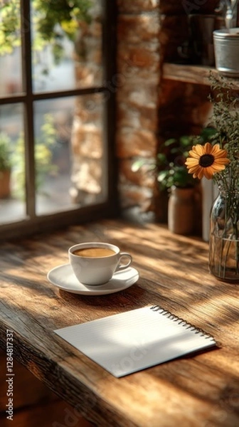 Fototapeta Cozy Coffee Shop Moment: Sunlit Table, Notebook, and Cup of Coffee