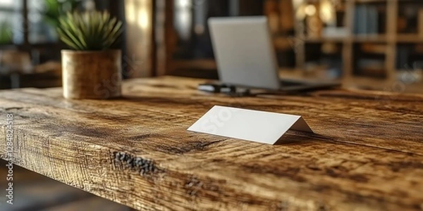 Fototapeta Blank Nameplate on Rustic Wooden Desk in Modern Office