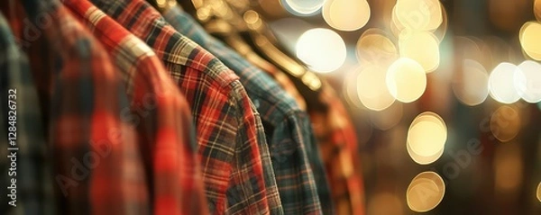 Fototapeta Colorful flannel shirts on hangers in warm ambient lighting