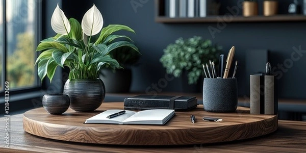 Fototapeta Serene Minimalist Home Office Workspace: A Modern Desk Setup with Peace Lily, Notebook, and Stylish Accessories