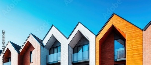 Obraz Modern residential architecture featuring colorful facades under a clear blue sky, showcasing unique roof designs and urban living