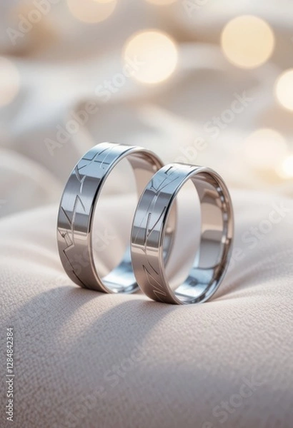 Fototapeta Modern wedding bands in polished platinum with geometric engravings, placed on velvet surface with soft natural light and blurred background