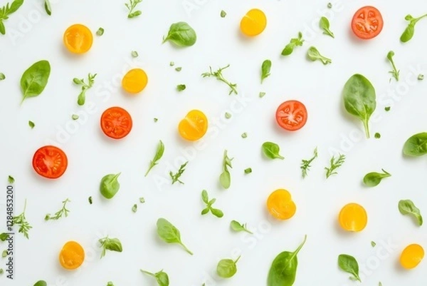 Fototapeta Various cherry tomatoes in red and yellow colors are scattered among fresh leafy greens and herbs on a flat white surface. Generative AI