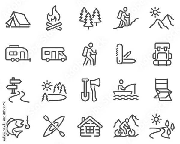 Fototapeta Simple Set of Travel Outdoor Related Vector Line Icons. Contains such Icons as Campfire, Hiking, Camp Trailer and more.
