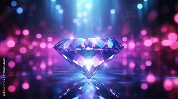 Fototapeta abstract background with neon lights of blue white pink violet colors glowing on shiny diamond on shiny reflecting stage