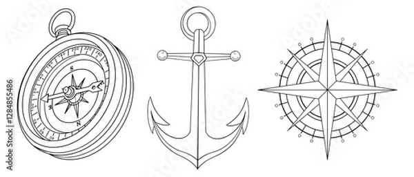 Fototapeta Nautical themed vector with compass and anchor outline SVG