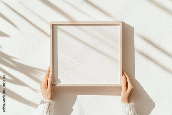 Obraz Empty frame held in hands against white wall with shadows. Woman holding blank picture frame for photo display against white wall