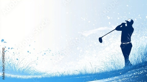 Fototapeta In shades of blue, a golfer's silhouette is frozen mid-swing. The background shows rolling hills and a flag, with arcs representing the ball's trajectory