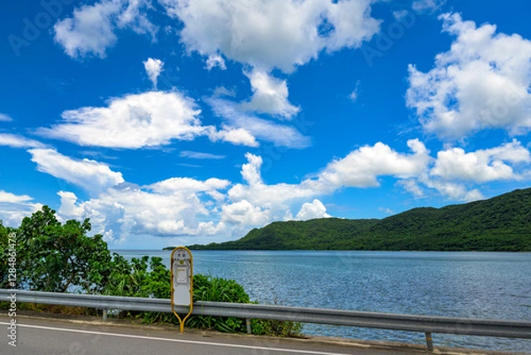 Obraz 石垣島で見つけた静かなバス停、南国の青空と海
