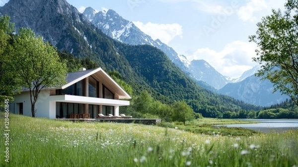 Obraz Mountain lake house, scenic view, summer